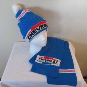 Vintage Chevrolet Knit Beanie & Scarf Set - Blue Red White Chevy